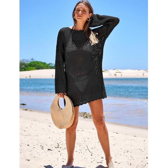 Prinbara Other - Prinbara Crochet Cover Up Women SZ S Black Long Sleeve Mesh Knit Beach Dress S4